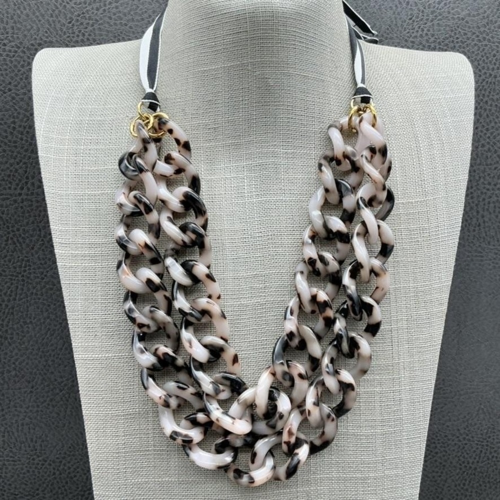 J.Crew Statement Chain Link Necklace Womens Ribbon Tie Tortoise Acetate Resin